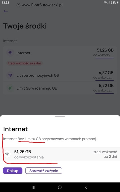 Widok aplikacji wyświetlającej pozostałe GB w ofercie bez limitu GB